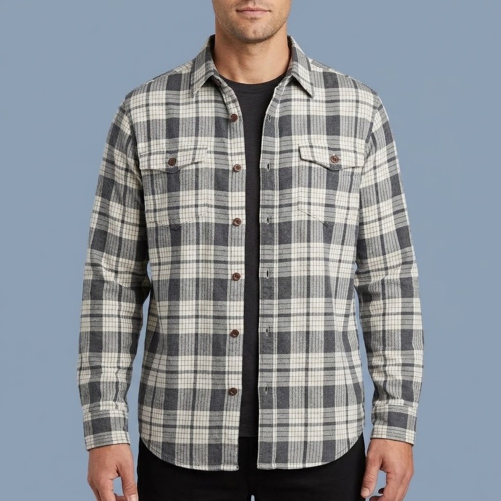 Eddie Bauer SU7059 Long‎ Sleeve Plaid Flannel Shirt Mens M Gray White EUC